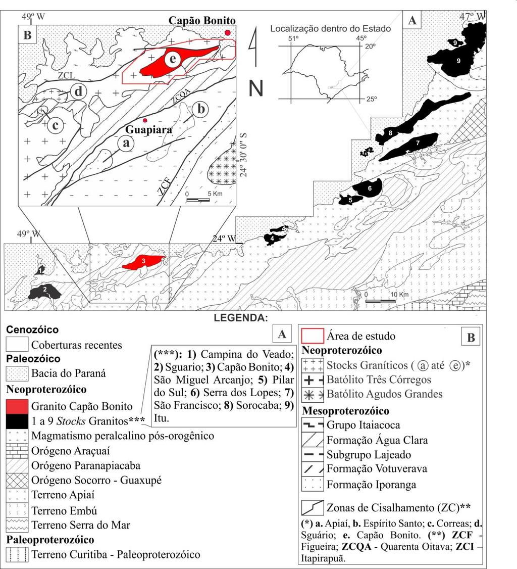 Figura 1. A) Mapa do Pré-Cambriano do estado de São Paulo com a disposição dos principais corpos graníticos pós-orogênicos a anorogênicos. Mod. da CPRM (2003).