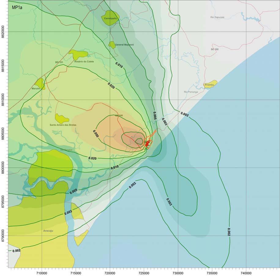 Partículas Inaláveis - Concentração Anual ( g/m 3 ) UTE Porto Sergipe I (curvas: 0.002, 0.003, 0.005, 0.01, 0.02, 0.05, 0.1 e 0.