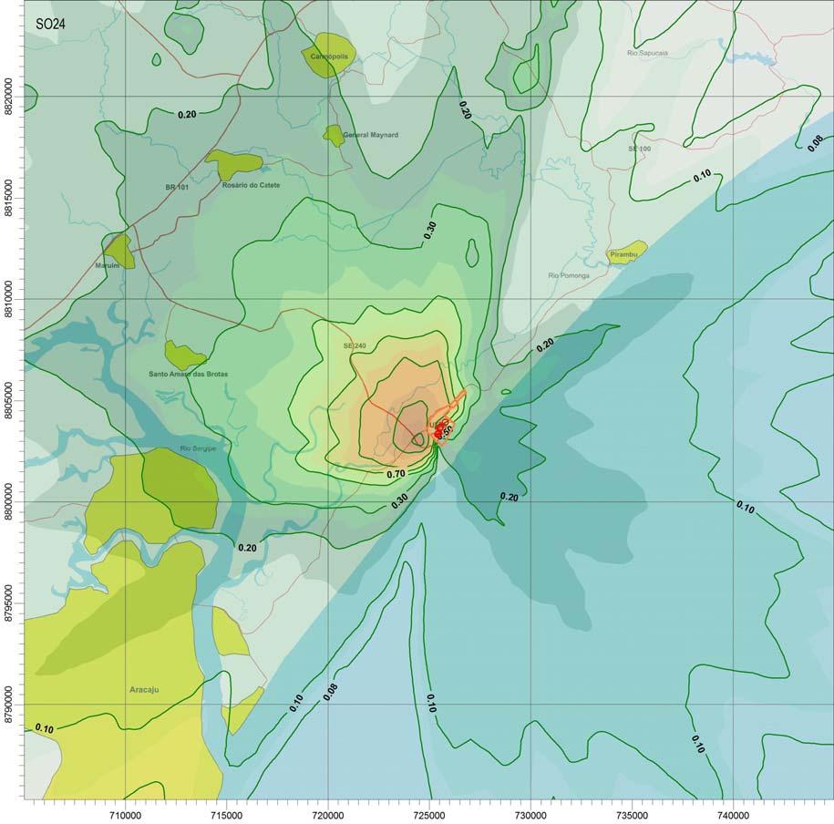 Dióxido de Enxofre - Concentração Diária Máxima ( g/m 3 ) UTE Porto Sergipe I (curvas: 0.08, 0.1, 0.2, 0.3, 0.4, 0.5, 0.