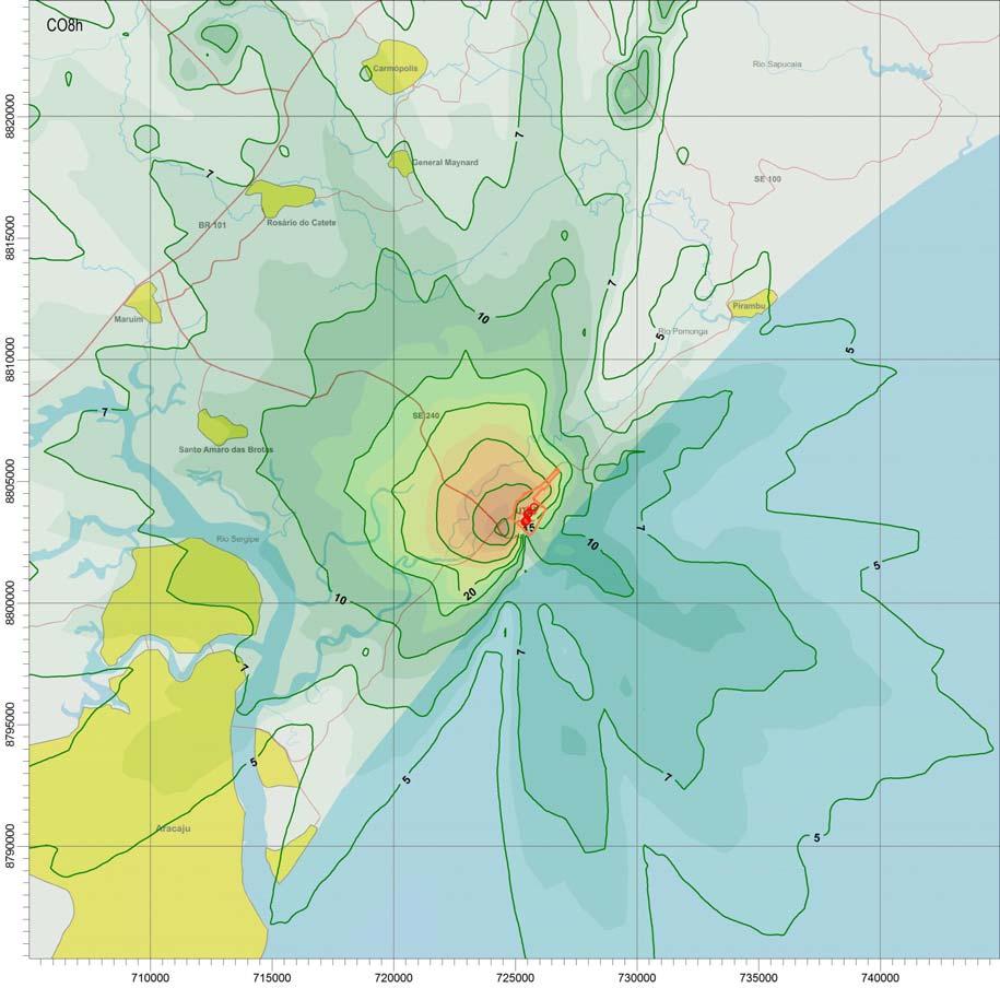 Monóxido de Carbono - Concentração Máxima 8 horas ( g/m 3 ) UTE Porto Sergipe I (curvas: 5, 7, 10, 15, 20, 30, 50 e 70 g/m 3 ) Poluente: Monóxido de Carbono Período: 8 horas Padrão