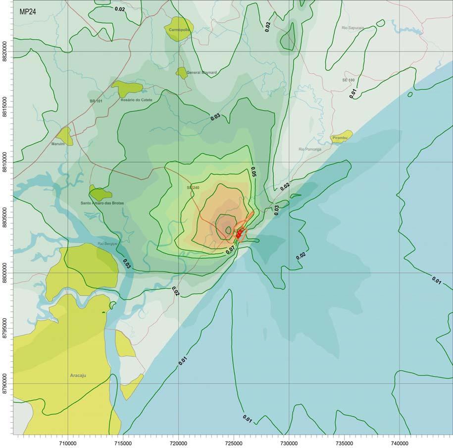 Partículas Inaláveis - Concentração Diária Máxima ( g/m 3 ) UTE Laranjeiras I (curvas: 0.01, 0.02, 0.03, 0.05, 0.07, 0.1, 0.2 e 0.