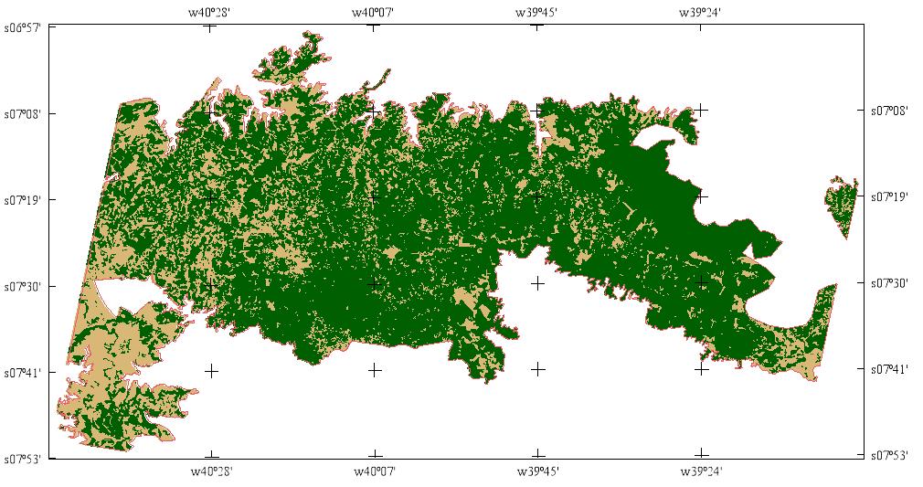 e) 2006 Figura 3. Mapa da APA do Araripe em 1990 (a), 1994 (b), 1998 (c), 2003 (d) e 2006 (e); classes de cobertura: floresta (verde) e desmatamento (laranja).