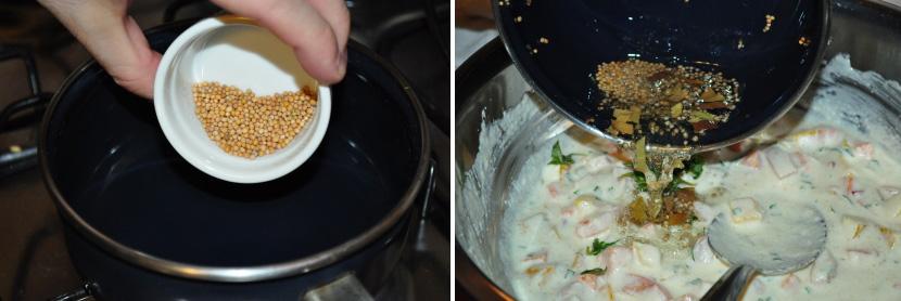 Em uma panela (ou frigideira), aqueça o óleo e adicione as folhas de louro picadas em tirinhas pequenas e as sementes de mostarda. Deixe no fogo por 5-10 segundos e em seguida jogue sobre a massa.