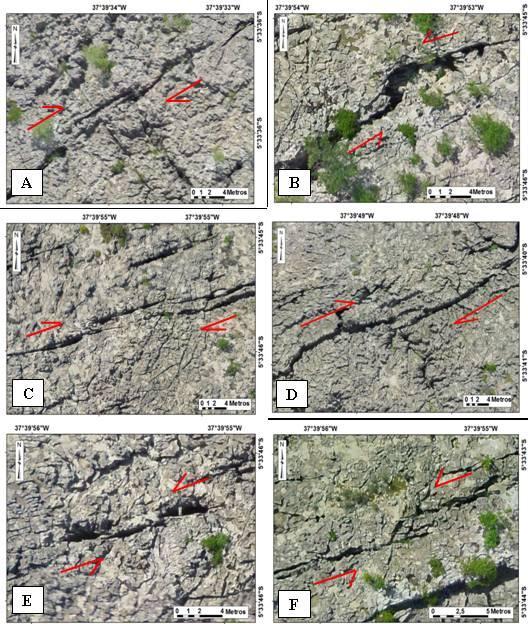 Figura 4. Step-overs compressionais e distensionais observados em campo. A B Figura 5. (A) Step-over distensional e (B) local de formação do carste ao longo da estrutura.