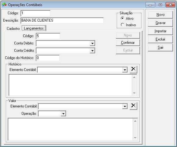 Código: Campo destinado ao cadastro do código de novas operações contábeis. Descrição: Inclua uma descrição resumida para a operação, com até 50 caracteres. Exemplo: Emissão de Títulos a Receber.
