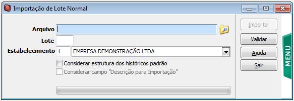 9. Integração Contábil O arquivo de Integração Contábil gerado no Fox será importado no Cordilheira Sistema Contábil, em Utilitários/Importação/Lote Normal.