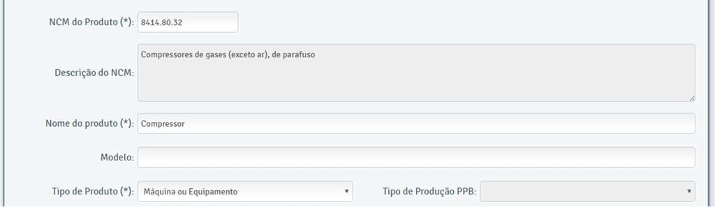 de NCM e tipo do Item Financiável, as abas Componentes,