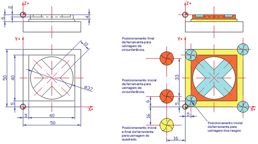 Exercício de Programação Fresamento CNC 12 Ferramentas: T1 Fresa Ø 12 mm 4 cortes VC: 120m/min Av.