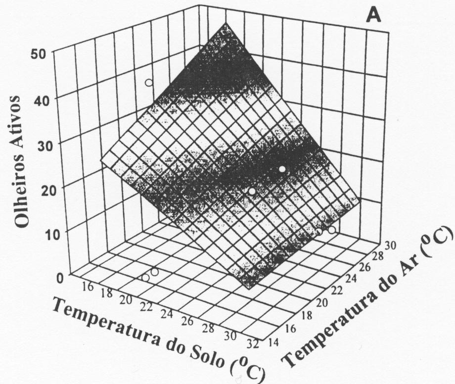 Figura 3 - Número de olheiros estaqueados ativos de Atta brsphaerzcn em função da temperatura do solo