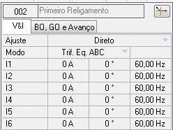 5. Digite ao lado do número 002 da Seqüência: Primeiro Religamento, selecione Ajuste Direto e Modo Trifásico Equilibrado ABC, deixe o valor do campo I1 em zero (0). ' 6.