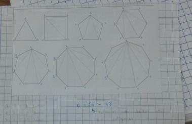 6 Figura 04 Diagonais traçadas Aluno E Como atividade foi solicitado que os alunos procurassem desenvolver a fórmula de diagonais que partem de um único vértice.