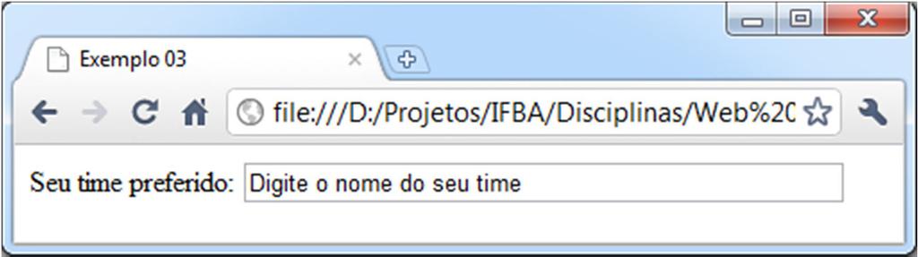 TAG <INPUT>: TYPE TEXT Exemplo 02: campo com admissão de no máximo 50 caracteres <html><head> <meta http-equiv="content-type" content="text/html; charset=utf-8" /> <title>exemplo 02</title> </head>