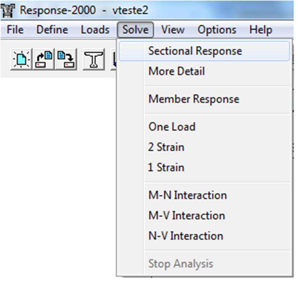Fgura 3-26 Barra de ferramentas Solve do Programa RESPONSE-2000 Exstem bascamente quatro tpos de análse. São elas: Análse da seção transversal a partr de solctações, loads, pré-defndas.