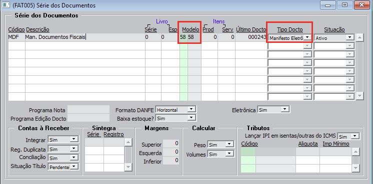 Cadastrar a série informando nos campos "Modelo" igual a "58", que é o modelo do MDF e, e o no "Tipo Docto" escolher a opção "Manifesto Eletrônico".