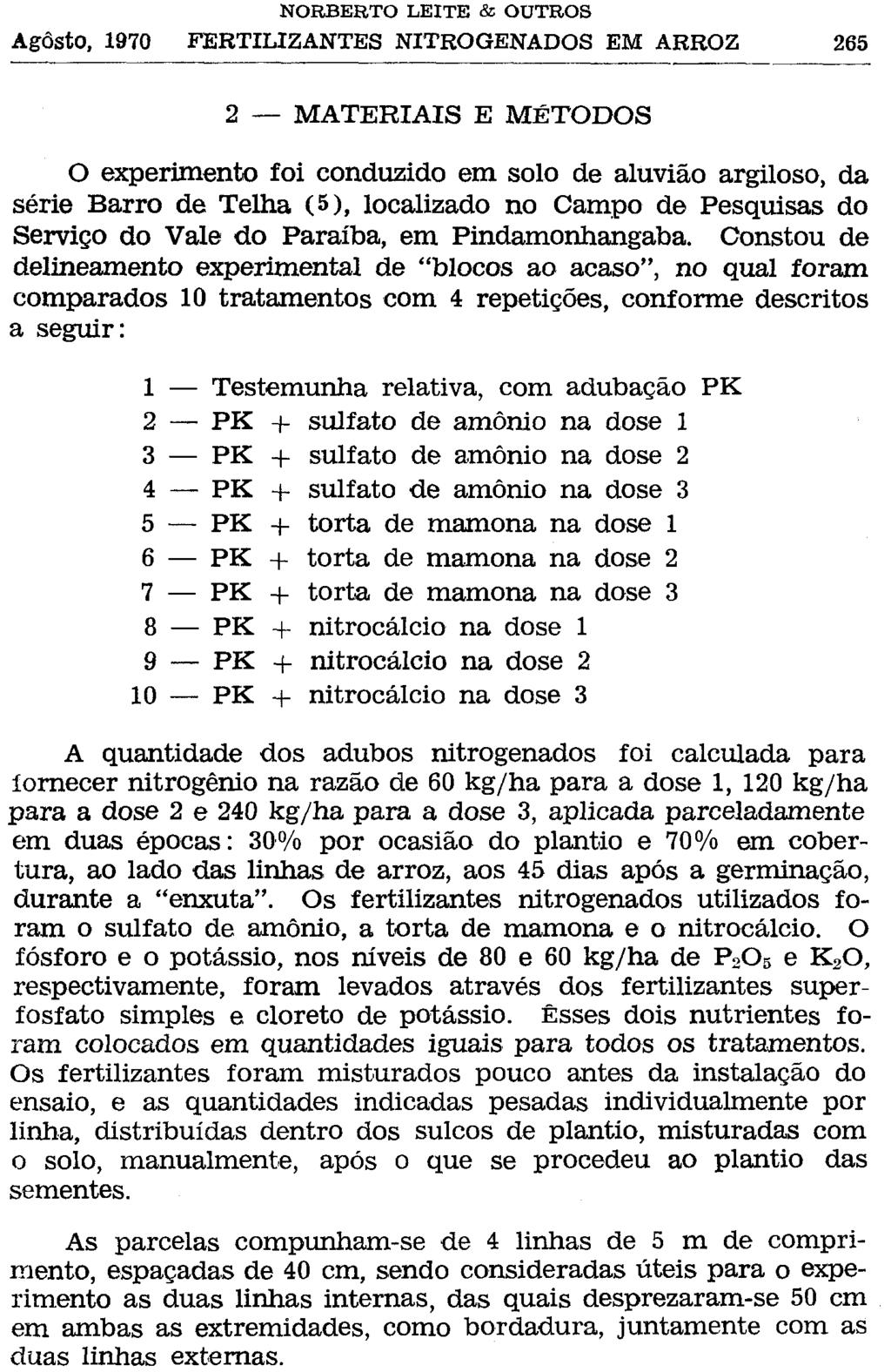 2 MATERIAIS E MÉTODOS O experimento foi conduzido em solo de aluvião argiloso, da série Barro de Telha (5), localizado no Campo de Pesquisas do Serviço do Vale do Paraíba, em Pindamonhangaba.