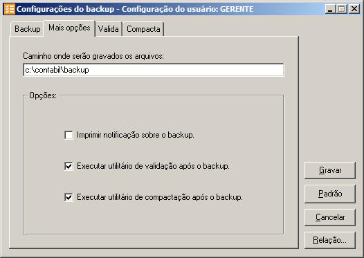 1. No campo Caminho onde serão gravados os arquivos, você deverá informar o local para onde será realizada a cópia do seu banco de dados. 2.