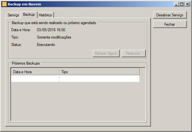 1. No campo Backup que está sendo realizado ou próximo agendado, no campo: Data e Hora, será demonstrada a data e a hora do backup.