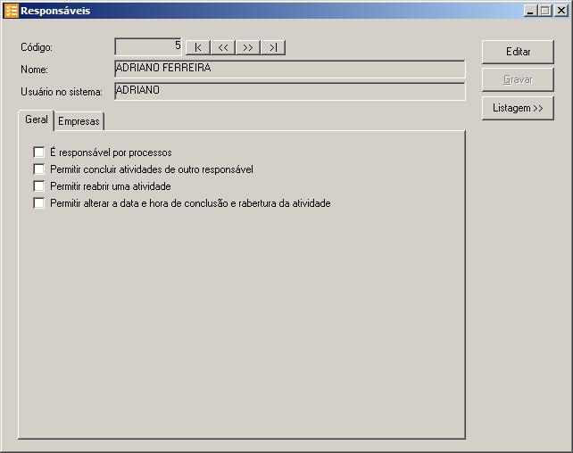 2. No campo Código será informado automaticamente pelo sistema um código sequencial. 3. No campo Nome, será informado automaticamente o nome do cadastro de usuários.