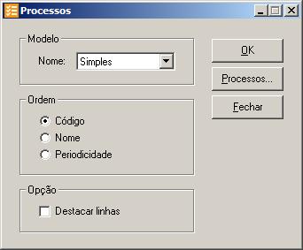 2. No quadro Modelo, no campo: Nome, selecione a opção: Simples, para emitir o relatório simplificado dos processos; Completo, para emitir um relatório completo dos processos. 3.