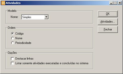 2. No quadro Modelo, no campo: Nome, selecione a opção: Simples, para emitir o relatório simplificado das atividades; Completo, para emitir um relatório completo das atividades. 3.