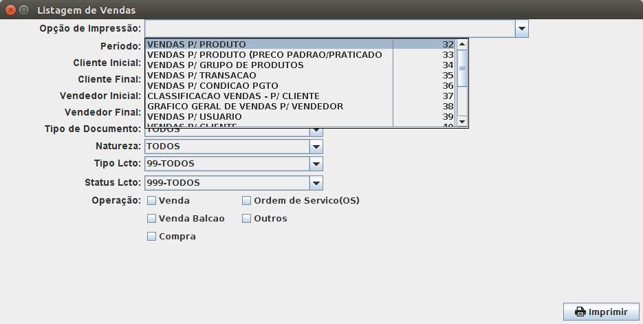 PASSO 2: selecione a opção desejada para gerar o relatório, existem vários tipos de filtro conforme mostra a figura abaixo: * VENDAS P/ PRODUTO(PREÇO PADRAO/PRATICADO) * VENDAS P/ GRUPO DE PRODUTOS *