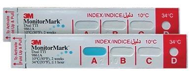 3M MonitorMark Indicador Dupla Temperatura O Indicador Dupla Temperatura 3M TM MonitorMark TM incorpora tanto um indicador de Tempo e Temperatura a 10ºC como um indicador adicional para um segundo