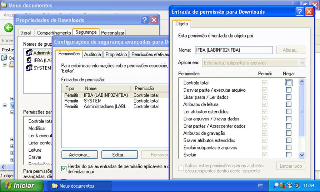 WINDOWS XP: Configuração de permissões: observação 2 Para alteração de permissões de um arquivo ou diretório, o usuário da sessão deve ser proprietário ou possuir permissão de alteração de permissões