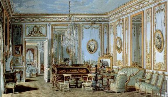 interiores do século XIX é caracterizada por um arranjo confuso e carregado de mobiliários; Tecidos, móveis e objetos não