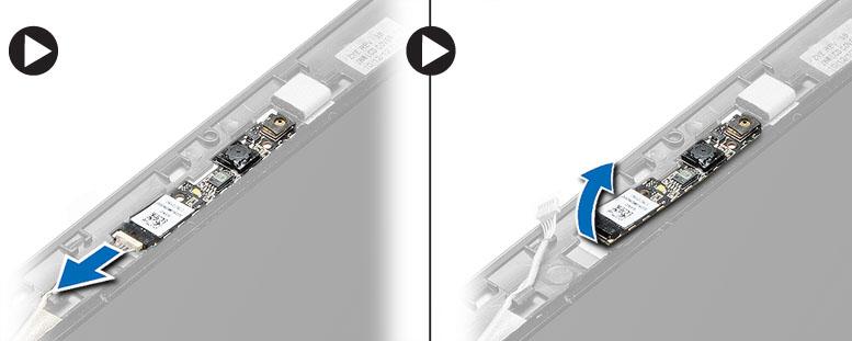 Como instalar a câmera 1. Alinhe a câmera no painel da tela. 2. Conecte o cabo da câmera à câmera. 3. Instale: a. bateria b. tampa da base c.