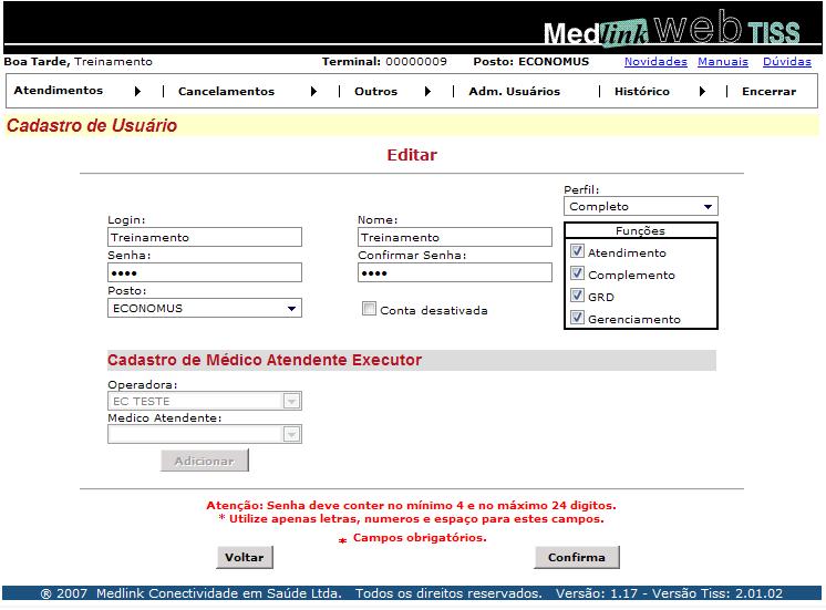 Fturmento WEB TISS ECONOMUS Ver 1-A Out-08.do Seleione o Usuário que se desej editr. Clique no otão Editr.