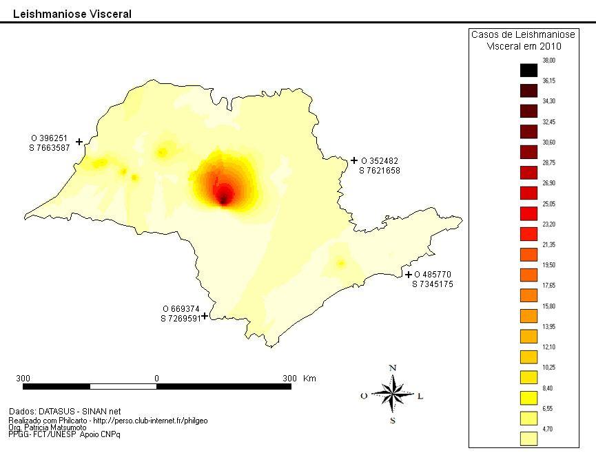 cem mil habitantes, enquanto que, na parte central, norte e leste do estado, há menor incidência, totalizando 0,07 e 16 de taxa de incidência de casos para cem mil habitantes.