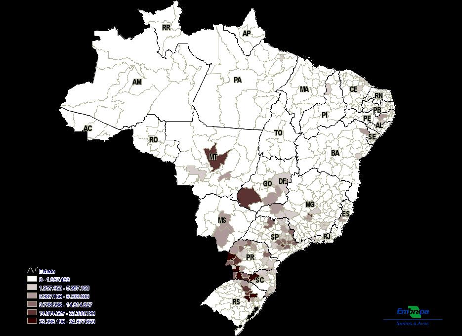 28 ANUÁRIO ESTATÍSTICO AVICULTURA Central de Inteligência da Embrapa Suínos e Aves Mapa 12. Rebanho nacional de frangos em 2009 (cabeças) Fonte: IBGE Tabela 20.