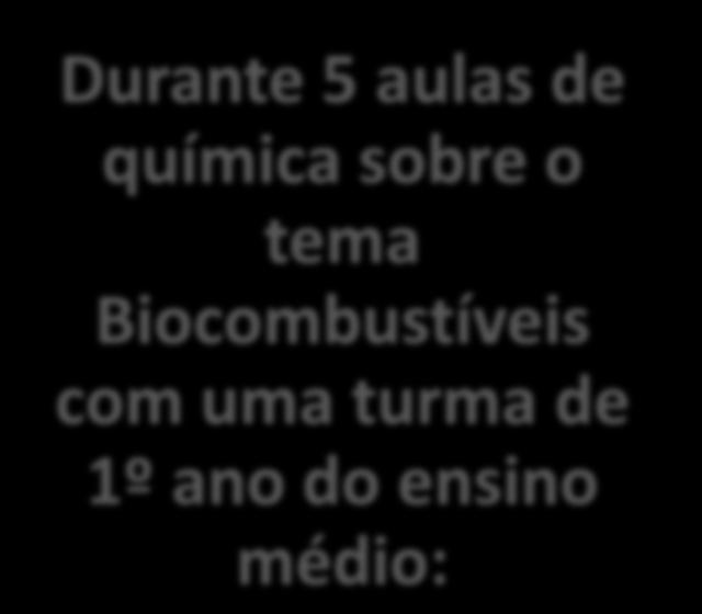 TDC no ensino médio de química Durante 5 aulas de química sobre o tema Biocombustíveis com uma turma de 1º ano do ensino médio: Aula sobre reações de combustão e biocombustíveis; Leitura e