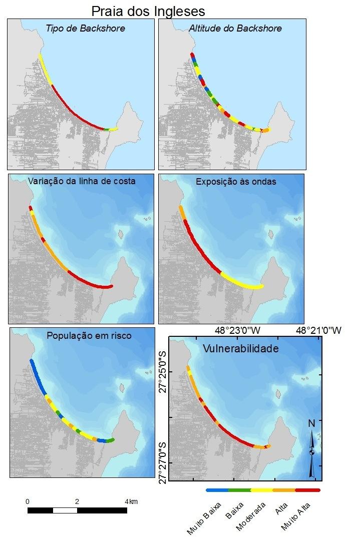 165 Figura 67. Comportamento das variáveis de entrada no CVI e da avaliação final da vulnerabilidade - Praia dos Ingleses. Os resultados encontrados foram diferentes.