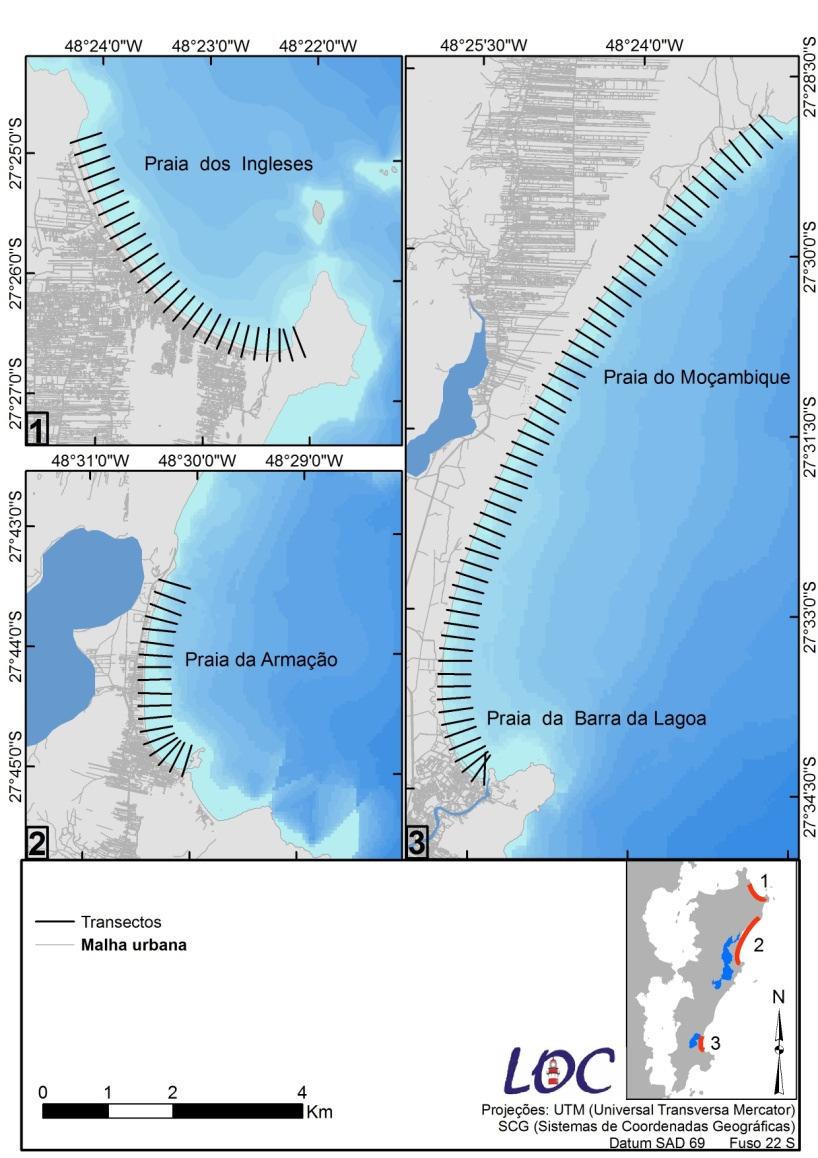 64 Os transectos perpendiculares às linhas de costa foram feitos com comprimento de 500 metros (a partir da baseline), de norte para sul, distanciados em 200 metros.