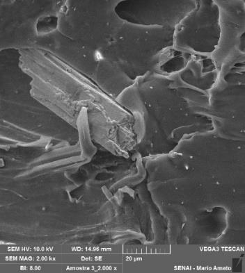 Estas micrografias comprovam a adesão entre matriz e carga mineral.