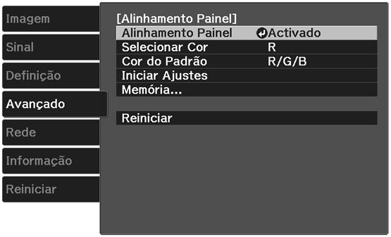 Ajuste da convergência de cores (alinhamento do painel) Você pode usar a função de Alinhamento do Painel para ajustar manualmente a convergência de cores (o alinhamento das cores vermelho, verde e