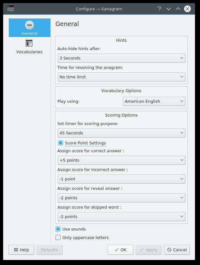 Capítulo 3 Configurar o Kanagram A janela de Configuração é aberta se carregar no botão Configurar: A lista Esconder automaticamente as dicas: permite-lhe indicar como é que as dicas são apresentadas