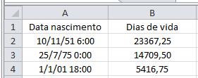 40 Thiago preparou uma planilha no MS Excel 2010 com as datas e horários de nascimento de seus familiares, como mostrado abaixo.