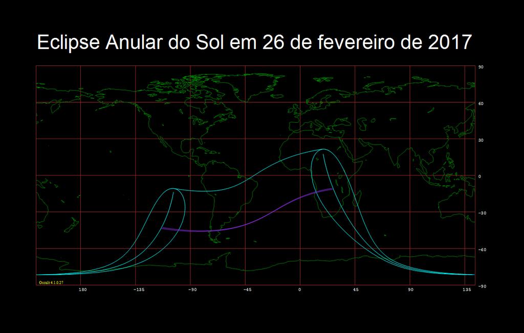 C) Eclipse Anular do Sol em 26/02/2017 Este eclipse anular e visível de forma total na região austral da América do Sul (Argentina e Chile) bem como na região meridional do continente africano