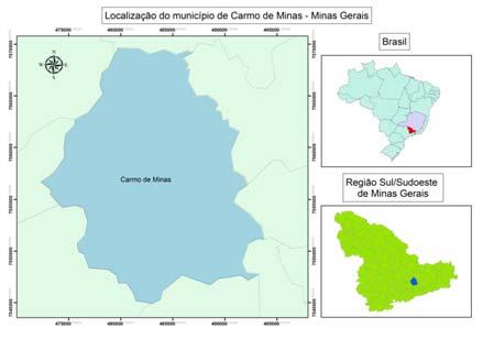 Figura 1. Localização do município de Carmo de Minas, na região sul/sudoeste do estado de Minas Gerais e no Brasil.