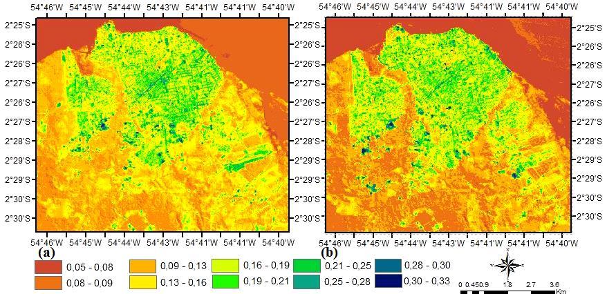 Revista Brasileira de Geografia Física, vol. 07, n.4 (2014) 653-661. Figura 4 - Albedo da superfície (Ts) em 02 de agosto de 1999 (a) e 29 de junho de 2010 (b).