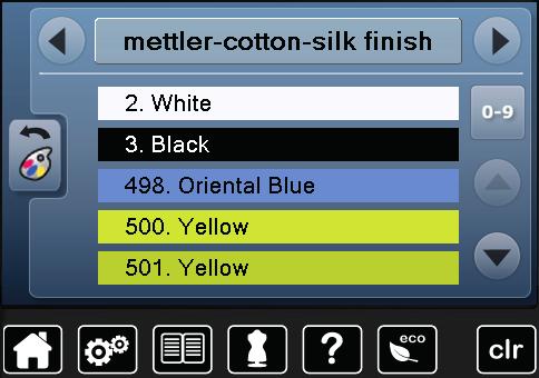 Motivos de bordados Cores do motivo Mudando as cores do motivo toque o ícone «Número das cores» na Tela role com os ícones de flechas, se necessário, até que a cor a ser mudada apareça selecione a