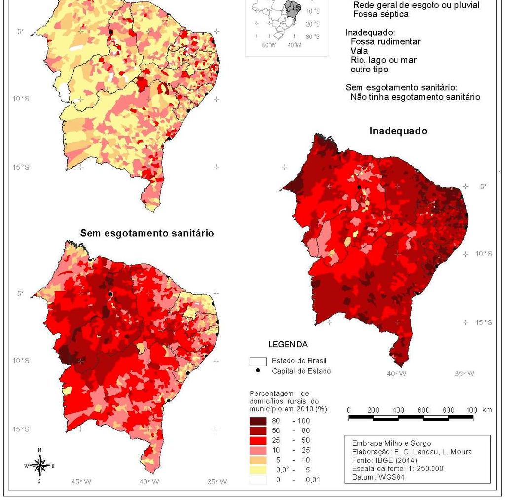 Figura 1. Esgotamento sanitário nos domicílios rurais da Região Nordeste do Brasil em 2010.