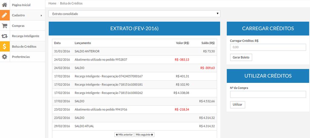 BOLSA DE CRÉDITO Extrato de recuperação da Recarga Inteligente + saldo de pedidos