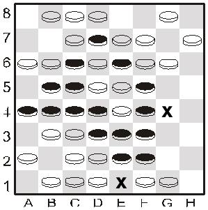 Exemplo: O jogo começa como mostra o diagrama à esquerda. À terceira jogada, as pretas colocam uma peça em f6, e a peça branca em e5 fica presa entre a nova peça e a peça situada em d4.