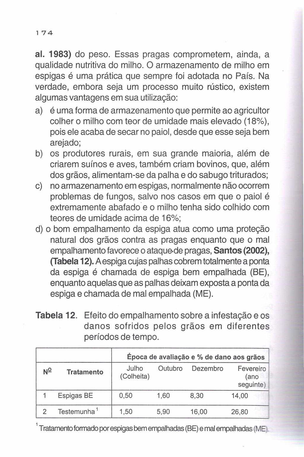 174 ai. 1983) do peso. Essas pragas comprometem, ainda, a qualidade nutritiva do milho. O armazenamento de milho em espigas é uma prática que sempre foi adotada no País.