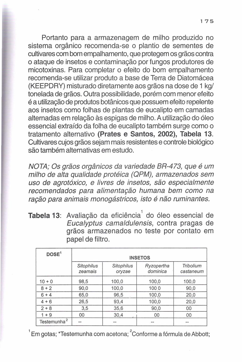 175 Portanto para a armazenagem de milho produzido no sistema orgânico recomenda-se o plantio de sementes de cultivarescom bom empalhamento, que protegem os grãos contra o ataque de insetos e