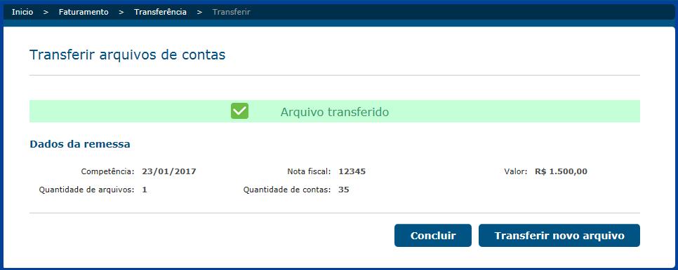 Será exibido o resultado da transferência, para