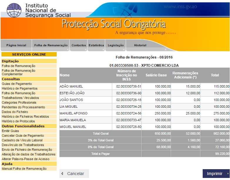 Figura 14 Tela de consulta da Folha de Remuneração Na tela de Consulta de Folha de Remuneração, seleccione o Mês e o Ano que pretende consultar e clique no botão Confirmar que